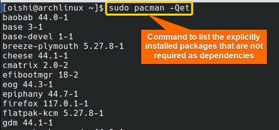 List of all Explicitly installed packages that are not needed by any other packages