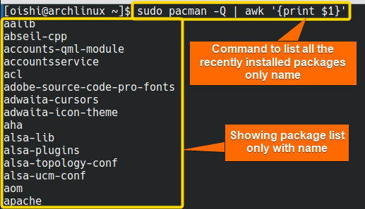 List all the installed packages only with name with pacman
