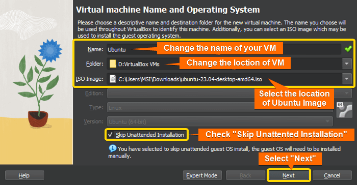 set virtual machine (VM) name and installation location