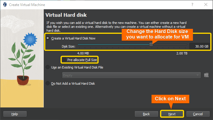 set Hard Disk size for VM