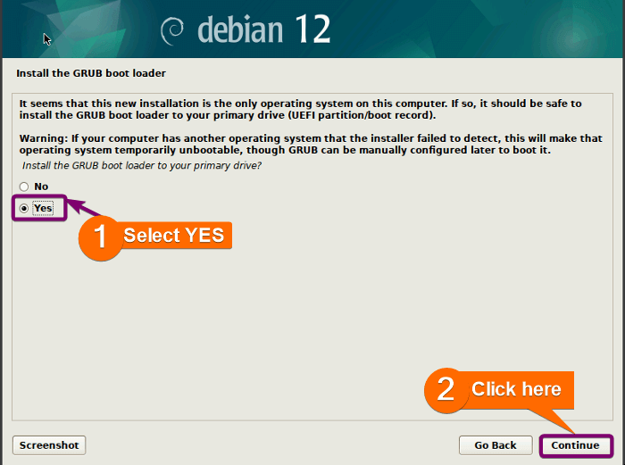 Selecting Yes to install GRUB