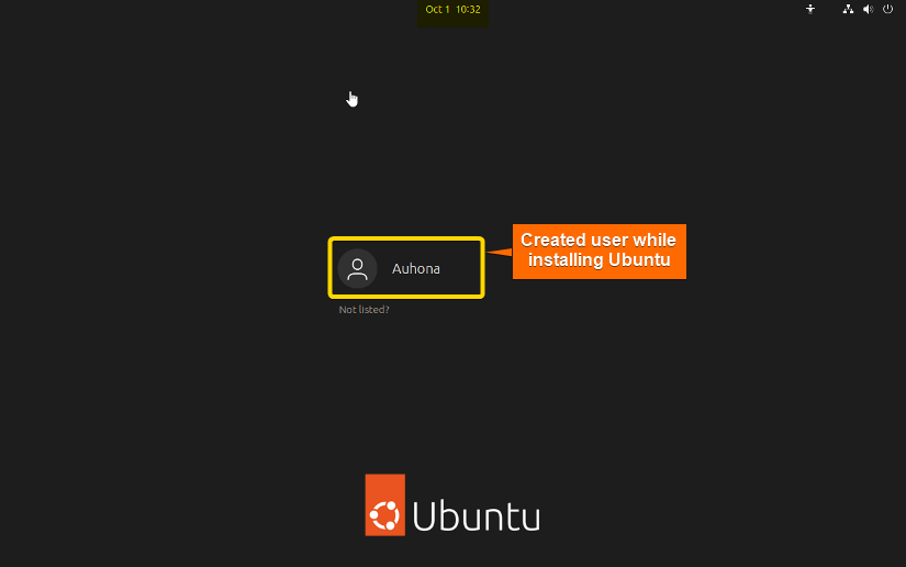 Ubuntu showing the created user account.