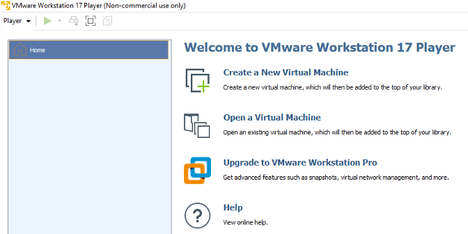 Shows the home page of the installed VMware Workstation player