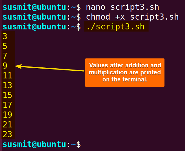 The Bash script has calculated the multiplication and addition utilizing for loop and arithmetic expansion and printed the result on the terminal.