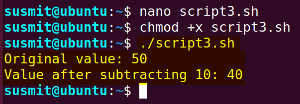 The bash script has printed the original value of the num variable which is 50 and the value after subtracting 10 utilizing the let command which is 40 on the terminal.