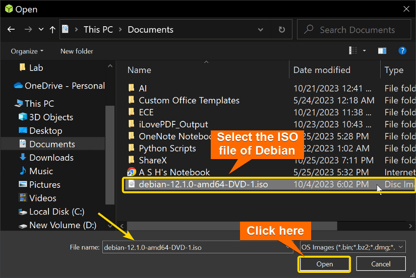 selecting the ISO file of debian for flashing.