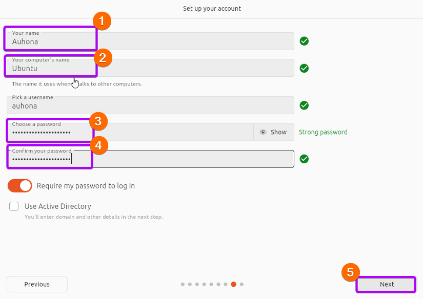 Setup name, computer's name and password to set up your account