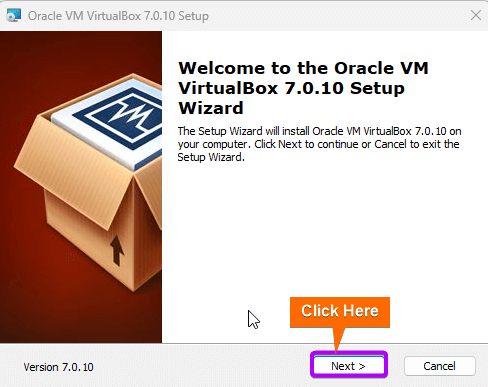 A setup wizard of VirtualBox appears.