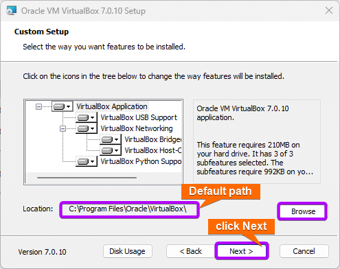 Select the path you want features to be installed.