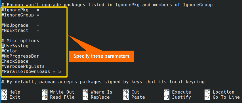 Specify the package configuration with pacman