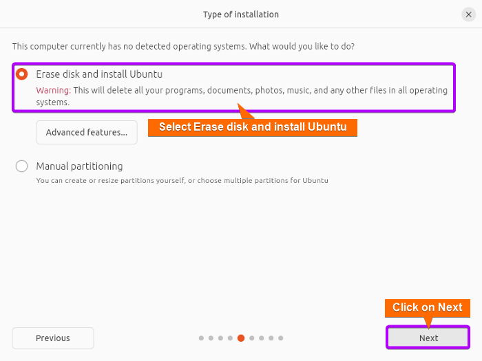 select erase disk and install ubuntu