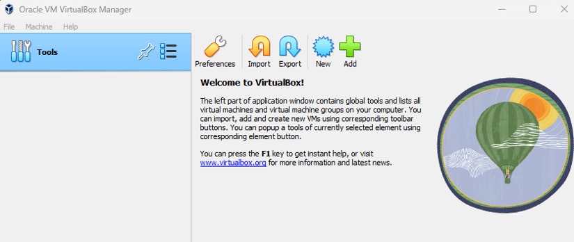 Home page of the installed software VirtualBox
