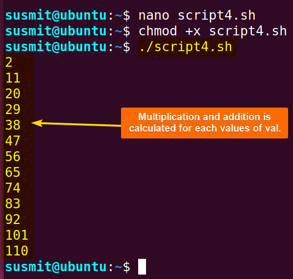 The Bash script has calculated the multiplication and addition utilizing for loop and let command and printed result on the terminal.
