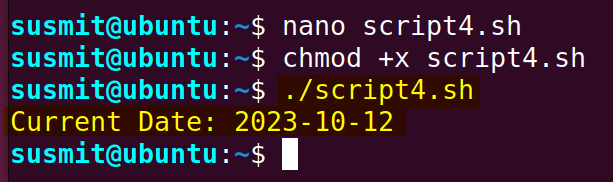 In this bash script, a customized date command has been created then this customized command has printed the output on the terminal.