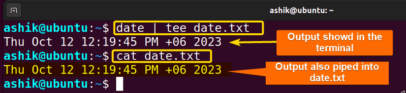 Pipe output of date command to a file date.txt with tee command