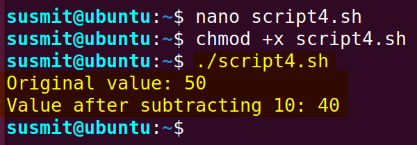 The bash script has printed the original value of the num variable which is 50 and the value after subtracting 10 utilizing the expr command which is 40 on the terminal.