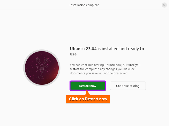 installation complete, restart ubuntu now