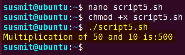 The bash script has multiplied 10 with the num1 variable and printed the result (500) on the terminal.