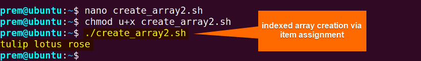 bash array declaration with creation using item assignment.