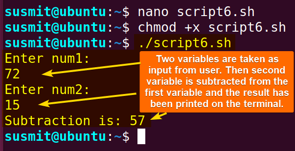 The bash script has taken two inputs num1 and num2 from the user with the help of the read command, subtracted num2 from num1 with the help of the expr command then printed the result on the terminal.