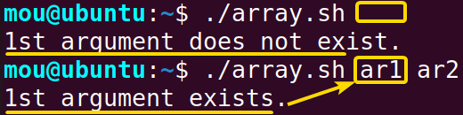 Checking if input argument exists in bash using array indexing