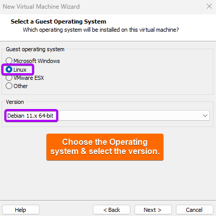 Choose Linux as guest operating system and select the version.