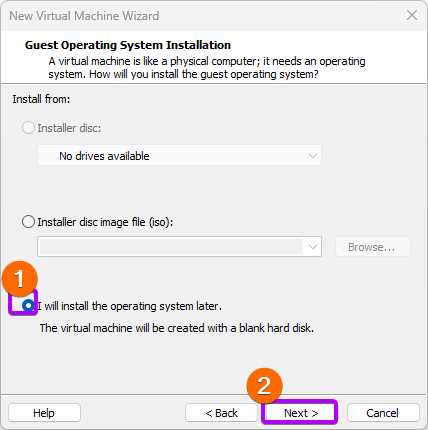Select the "I will install the operating system later" option