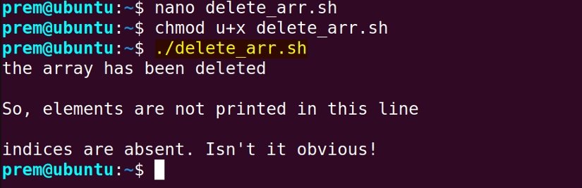 the array is deleted using unset command