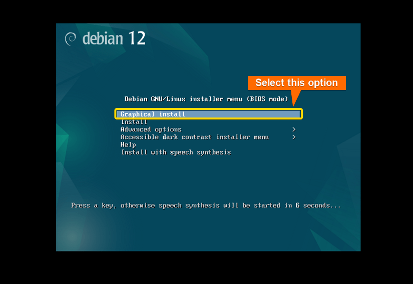 Selecting Graphical Install for debian installation
