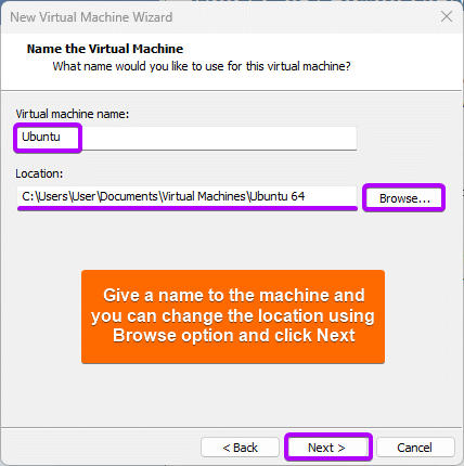 Set a name for the VM and choose location