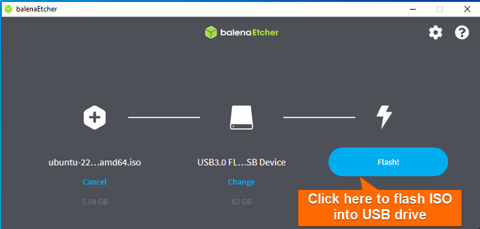 Clicking on Flash to start flashing the selected USB drive