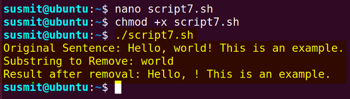 Here I have developed a Bash script that has replaced a sub-string from the main string by utilizing the single slash(/) and kept it to a new string then printed the new string on the terminal.