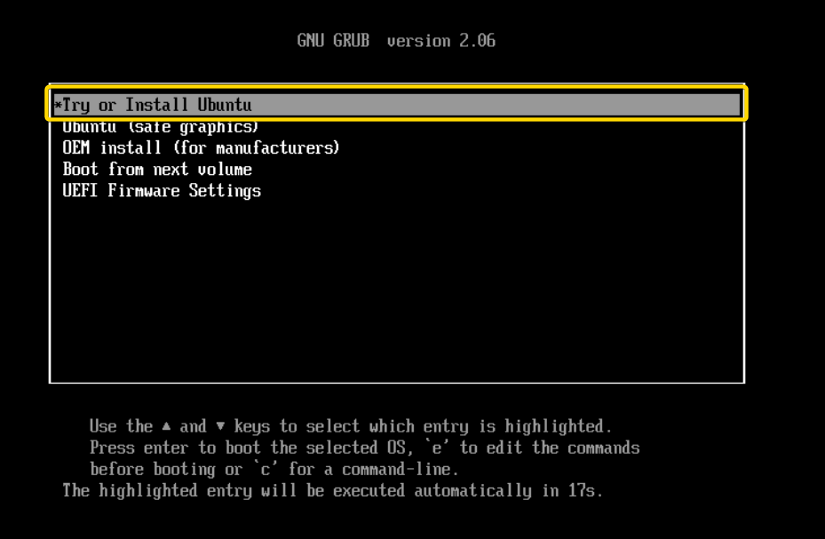 Boot screen of Ubuntu installation