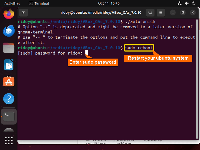 reboot ubuntu for guest addition to take effect
