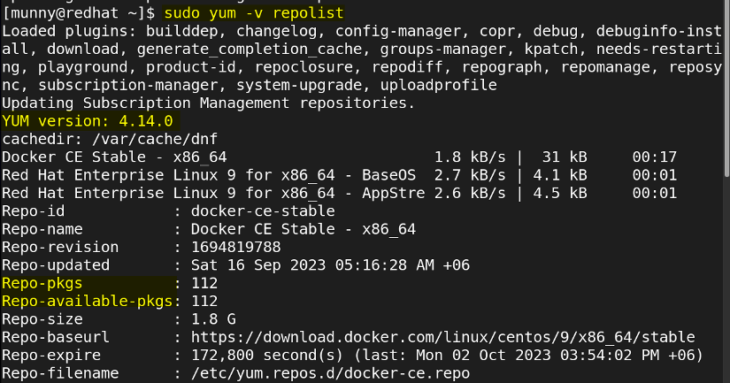 view verbose YUM repository list