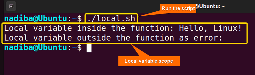 Output of local scope for variable