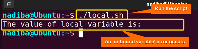 An 'unbound variable' error occurs due to undefined local variable