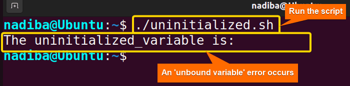 An 'unbound variable' error occurs due to uninitialized variable