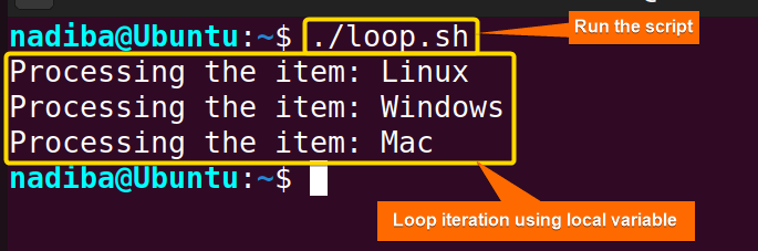 Output of loop iteration using local variable