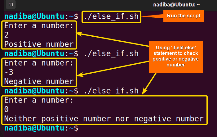 Using if-elif-else conditional statements to check positive or negative number in bash