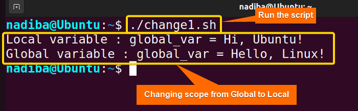 Output of changing scope from global to local