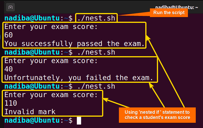 Using nested if conditional statement to check a student's exam score