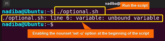 Enabling the 'nounset' option using the 'set -u' command at the beginning of the script to prevent unbound variable error