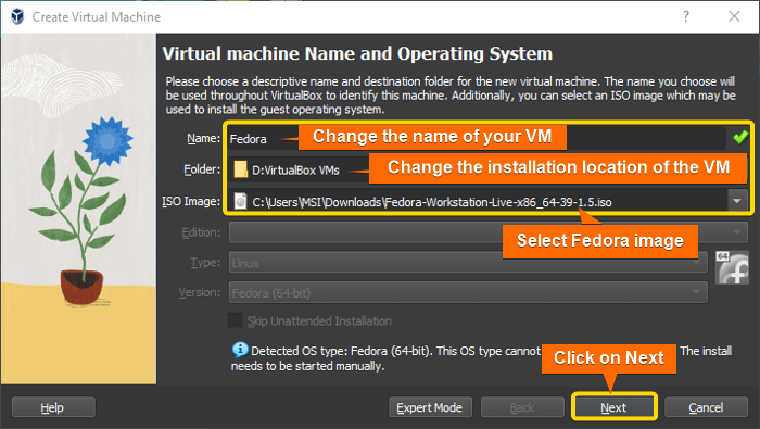 add vm name, installation location and iso file location