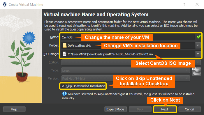set vm name , installation destination and iso image, click on Next.