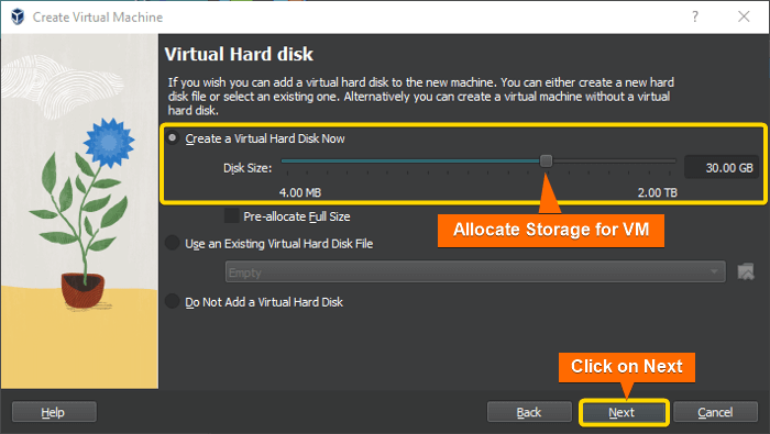 allocate storage for vm, click on Next.
