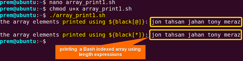 bash print indexed array using length expressions