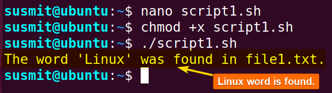 The Bash script has found the “Linux” inside the file1.txt file.