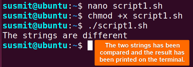 The bash script has checked the equality of string1 and string2 and found that they are not equal.