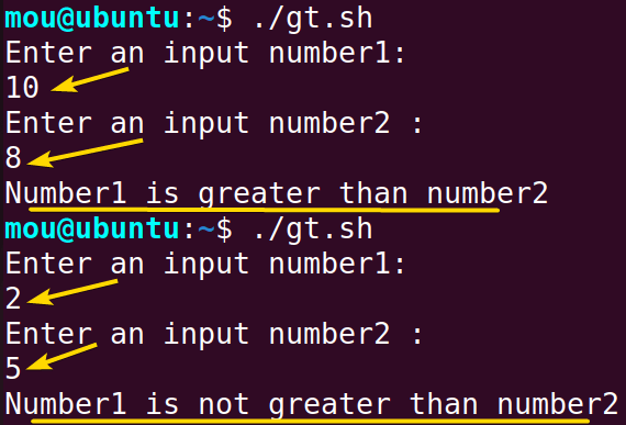 using -gt option to compare numbers in bash
